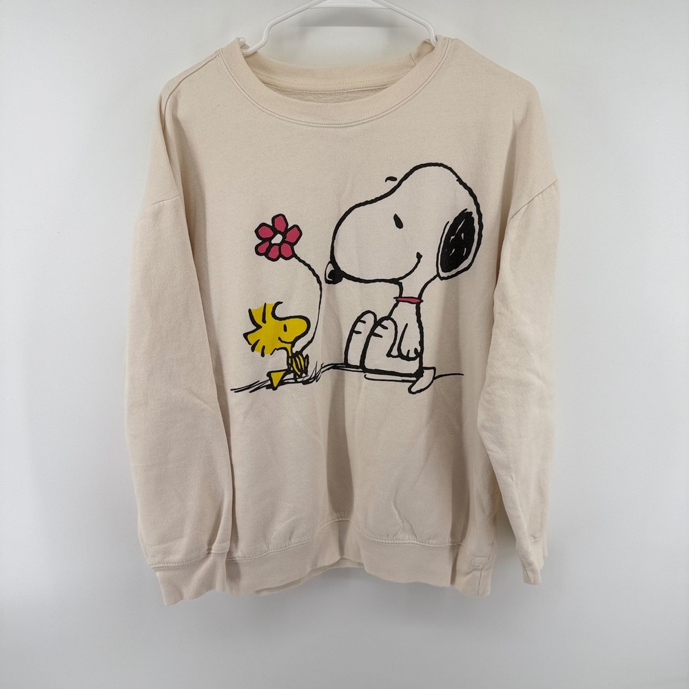 Peanuts Snoopy Woodstock Flower Graphic Sweatshirt Cream Large Cotton Blend